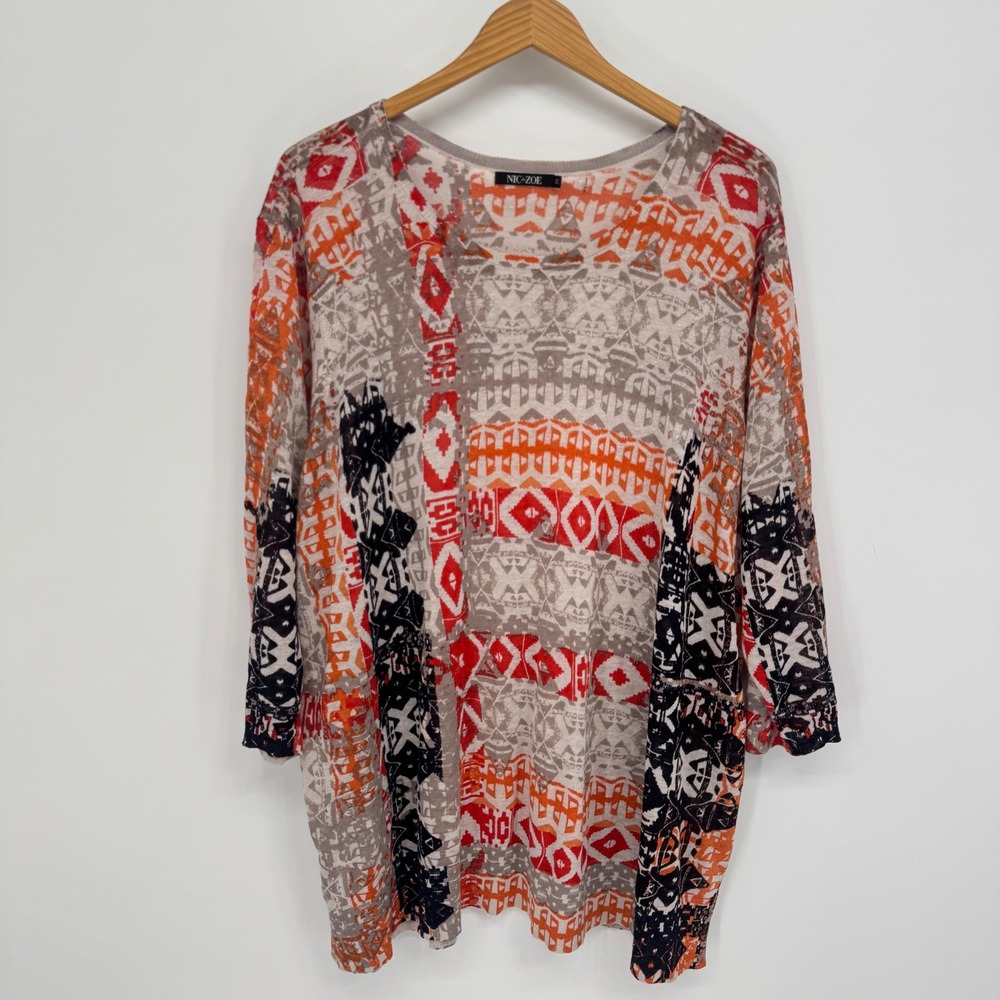 NIC+ZOE Geometric Ikat Shirt Women 2X Linen Blend 3/4 Sleeve Office Lightweight